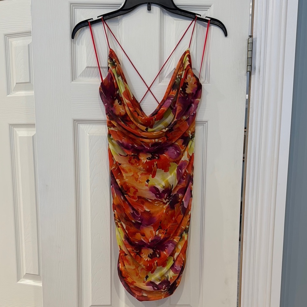 Garage Orange Red Ruched Mini Dress Medium NWT